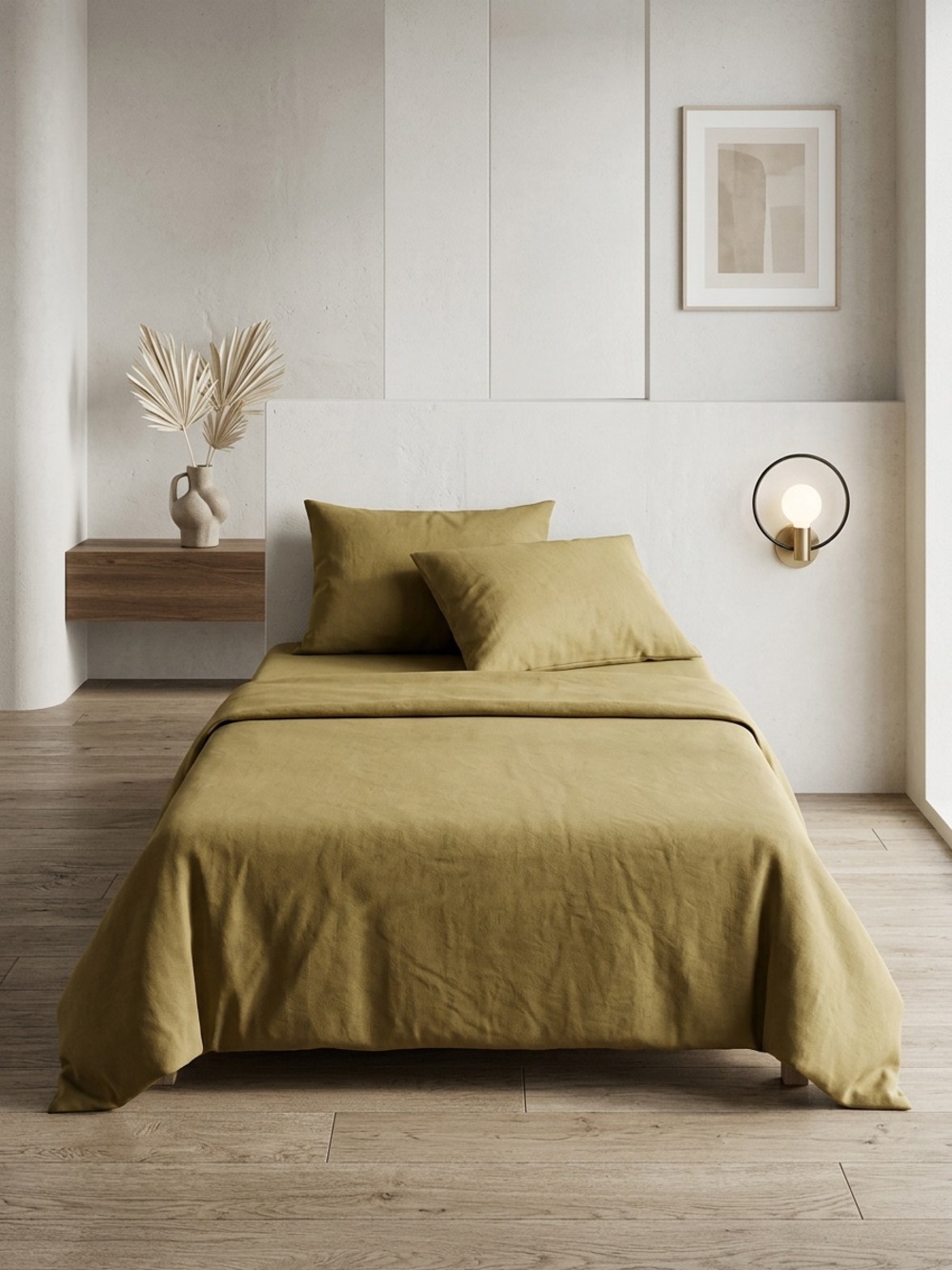 ATsense Olive Green Duvet Cover Queen 100% Washed Cotton Linen Feel Bedding Set